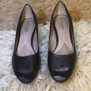 Pewter peep toe pumps